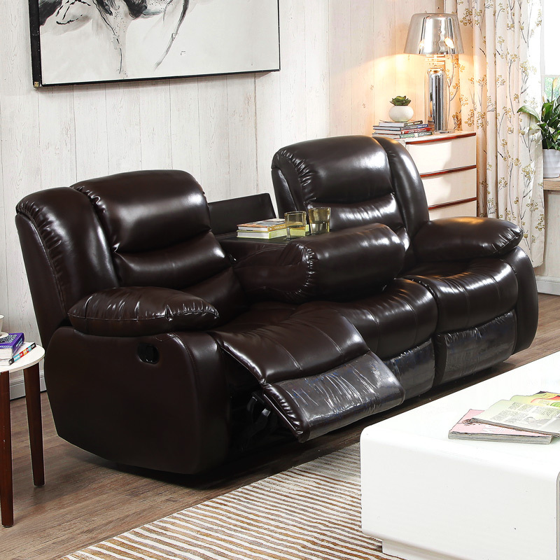 Electric multi-functional retractable sofa, cowhide sofa living room furniture in line combination, three seat sofa and single seat sofa