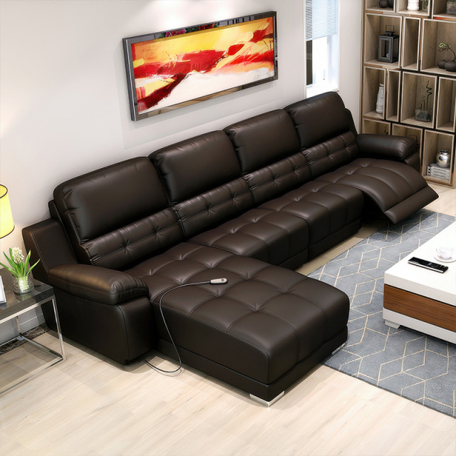 Electric multi-functional retractable sofa, cowhide sofa living room furniture in line combination, three seat sofa and chaise