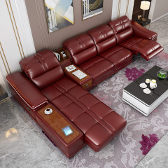 Electric multi-functional retractable sofa, cowhide sofa living room furniture in line combination, three seat sofa and chaise and middle console