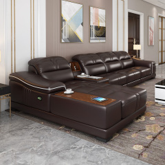 Electric multi-functional retractable sofa, cowhide sofa living room furniture in line combination, three seat sofa and chaise and middle console