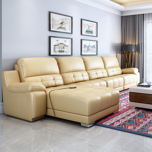 Electric multi-functional retractable sofa, cowhide sofa living room furniture in line combination, three seat sofa and chaise