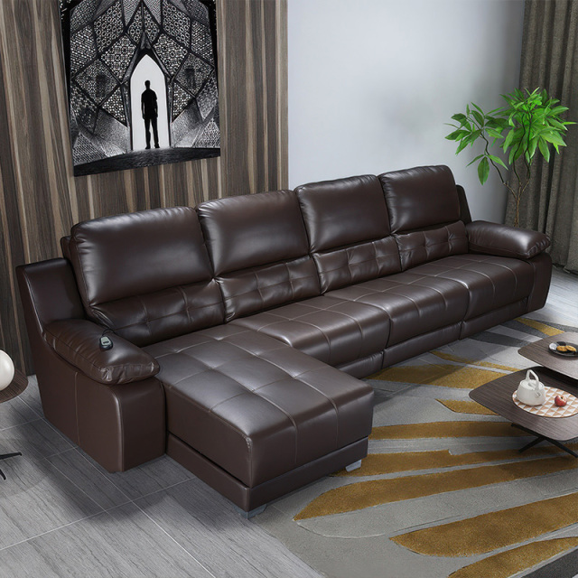 Electric multi-functional retractable sofa, cowhide sofa living room furniture in line combination, three seat sofa and chaise