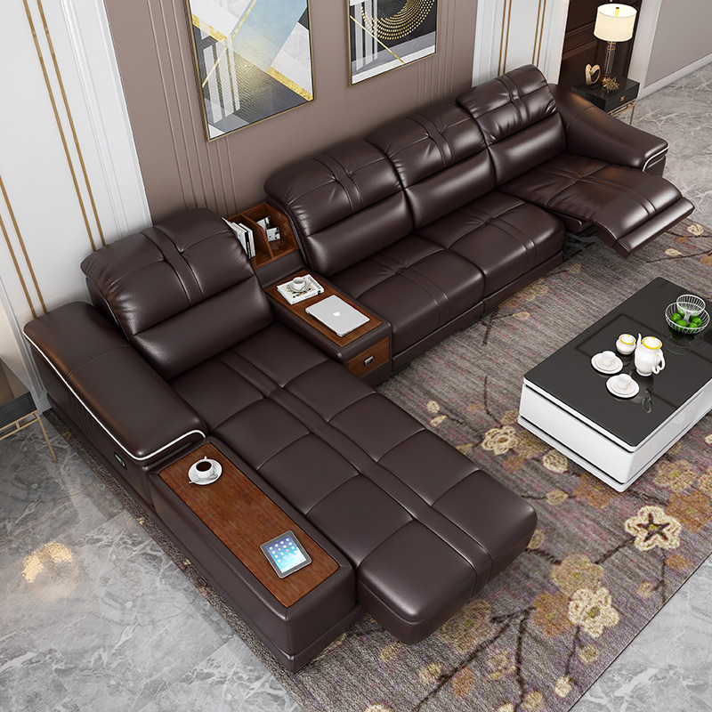 Electric multi-functional retractable sofa, cowhide sofa living room furniture in line combination, three seat sofa and chaise and middle console