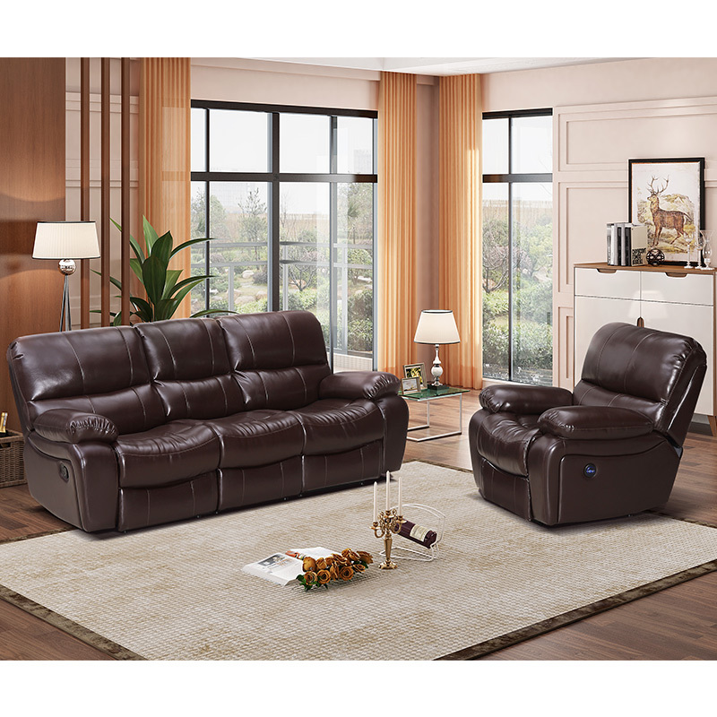 Electric multi-functional retractable sofa, cowhide sofa living room furniture in line combination, three seat sofa and single seat sofa