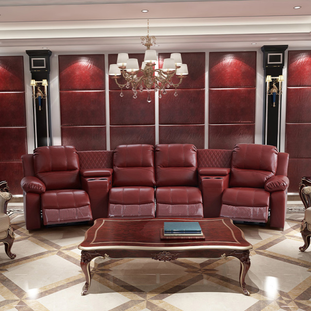 Contact surface cowhide four-seat and 2 middle console arc design video room private cinema sofa luxury, all-electric stretching function