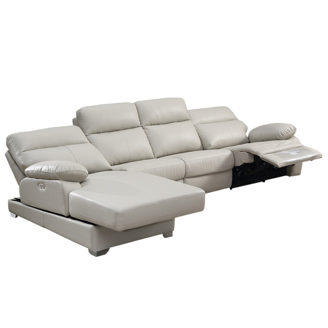Electric multi-functional retractable sofa, cowhide sofa living room furniture in line combination, three seat sofa and chaise