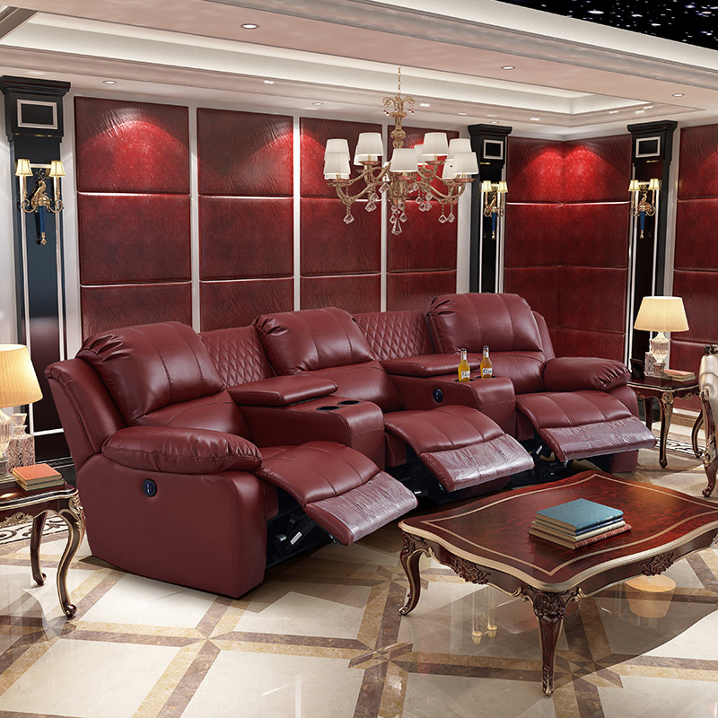 Contact surface cowhide three-seat and 2 middle console arc design video room private cinema sofa luxury, all-electric stretching function