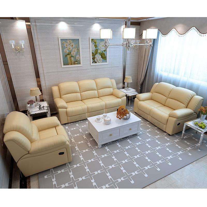 Electric multi-functional retractable sofa, cowhide sofa living room furniture in line combination, three seat sofa and two seat sofa  and single seat sofa