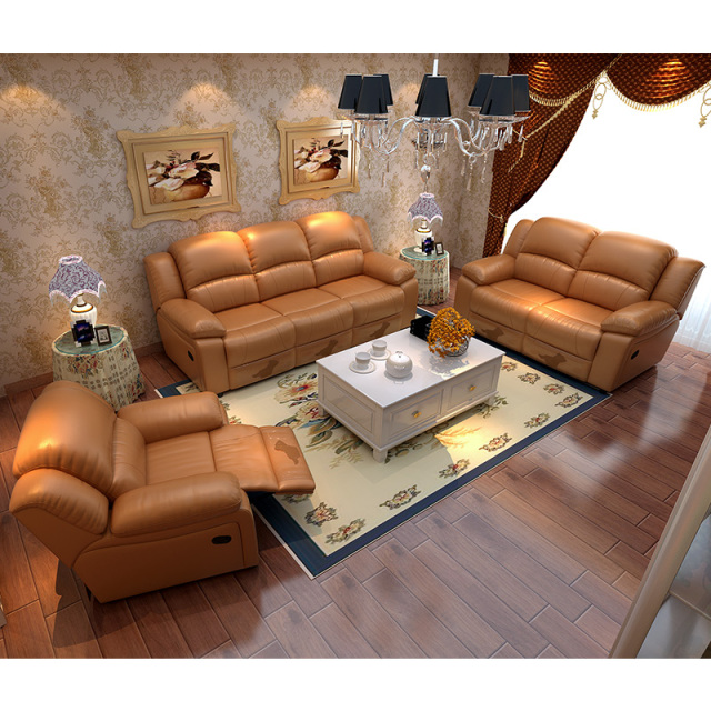 Electric multi-functional retractable sofa, cowhide sofa living room furniture in line combination, three seat sofa and two seat sofa  and single seat sofa
