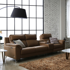 Electric multi-functional retractable sofa, cowhide sofa living room furniture in line combination, three seat sofa and middle console