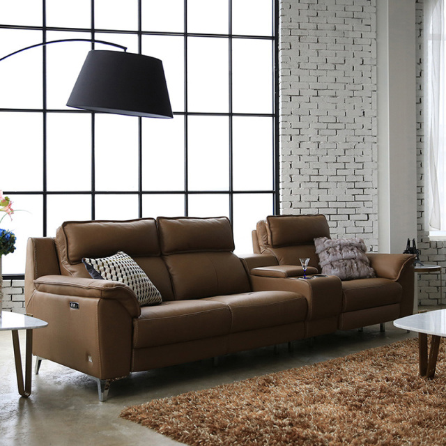 Electric multi-functional retractable sofa, cowhide sofa living room furniture in line combination, three seat sofa and middle console