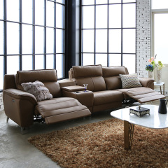 Electric multi-functional retractable sofa, cowhide sofa living room furniture in line combination, three seat sofa and middle console