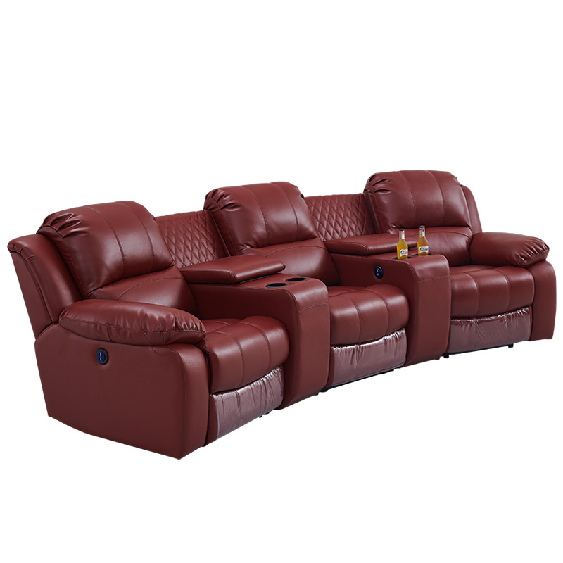 Contact surface cowhide three-seat and 2 middle console arc design video room private cinema sofa luxury, all-electric stretching function