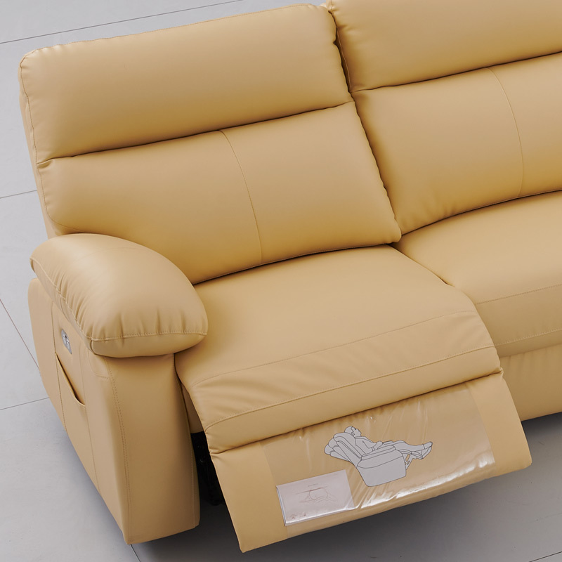 Electric multi-functional retractable sofa, cowhide sofa living room furniture in line combination, three seat sofa and chaise and middle console