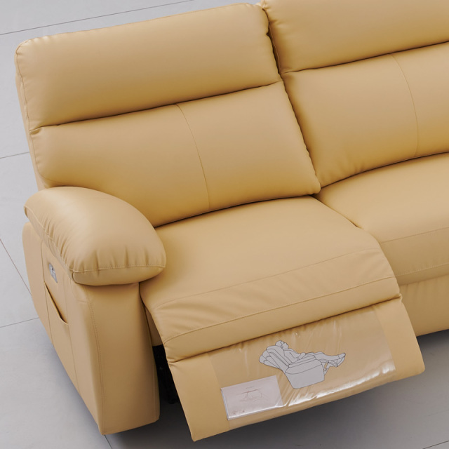 Electric multi-functional retractable sofa, cowhide sofa living room furniture in line combination, three seat sofa and chaise and middle console