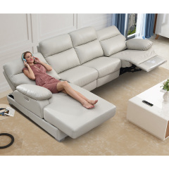 Electric multi-functional retractable sofa, cowhide sofa living room furniture in line combination, three seat sofa and chaise