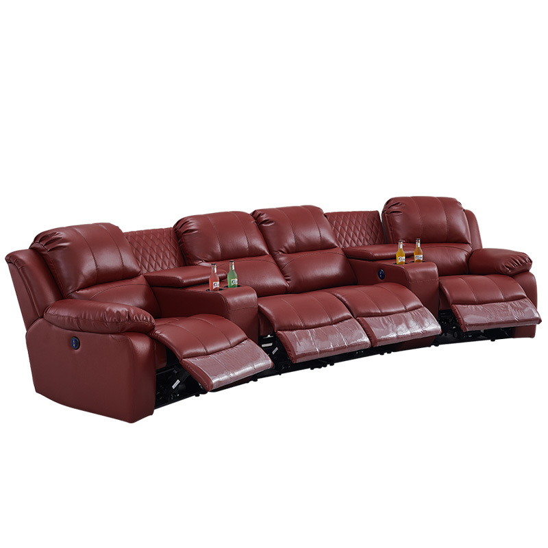 Contact surface cowhide four-seat and 2 middle console arc design video room private cinema sofa luxury, all-electric stretching function