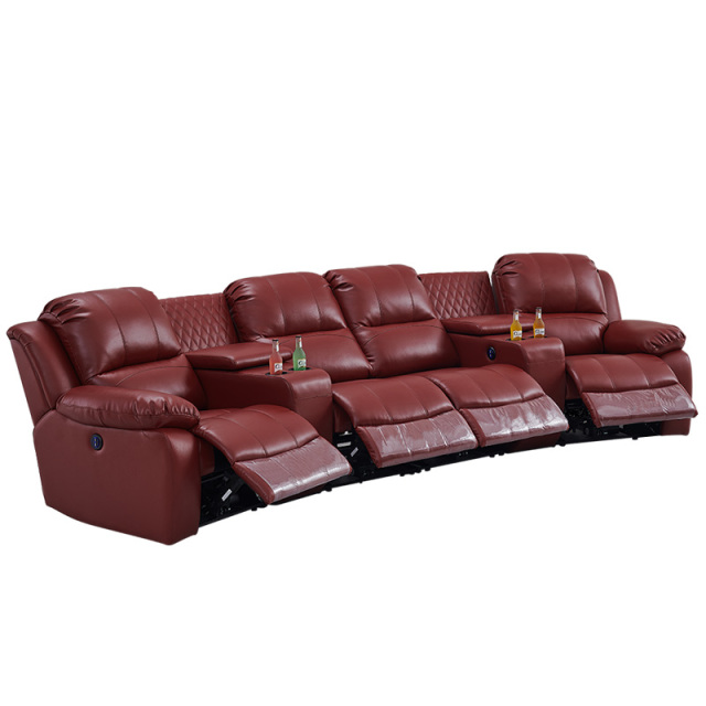 Contact surface cowhide four-seat and 2 middle console arc design video room private cinema sofa luxury, all-electric stretching function