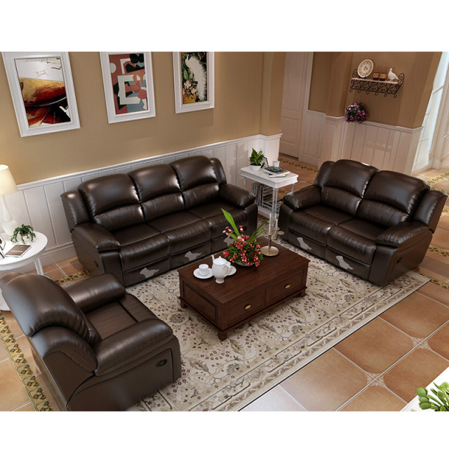 Electric multi-functional retractable sofa, cowhide sofa living room furniture in line combination, three seat sofa and two seat sofa  and single seat sofa