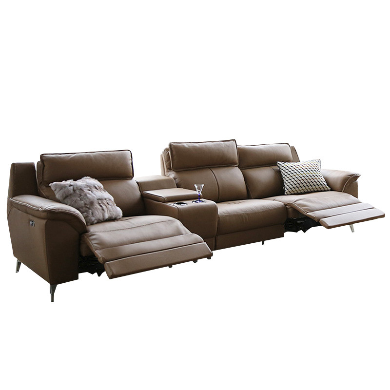 Electric multi-functional retractable sofa, cowhide sofa living room furniture in line combination, three seat sofa and middle console