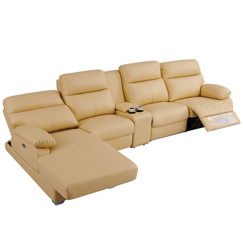 Electric multi-functional retractable sofa, cowhide sofa living room furniture in line combination, three seat sofa and chaise and middle console