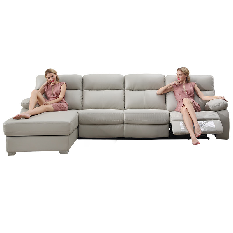 Electric multi-functional retractable sofa, cowhide sofa living room furniture in line combination, three seat sofa and chaise