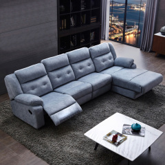 Electric multi-functional retractable sofa, leathaire fabrics sofa living room furniture in line combination, three seat sofa and chaise