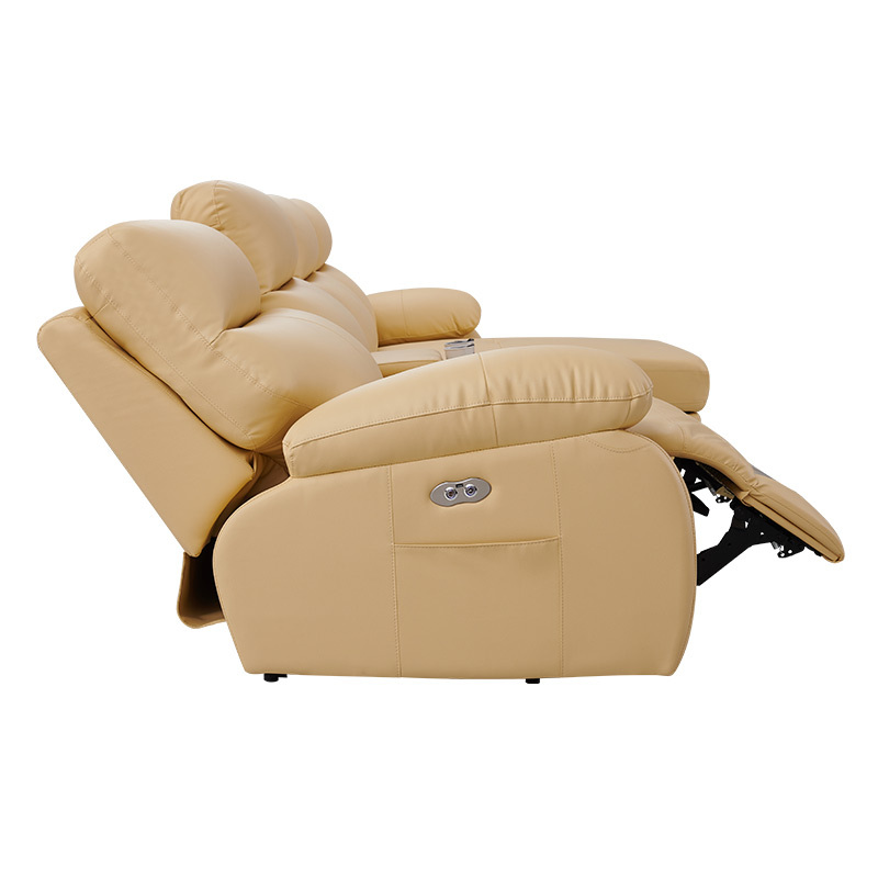 Electric multi-functional retractable sofa, cowhide sofa living room furniture in line combination, three seat sofa and chaise and middle console