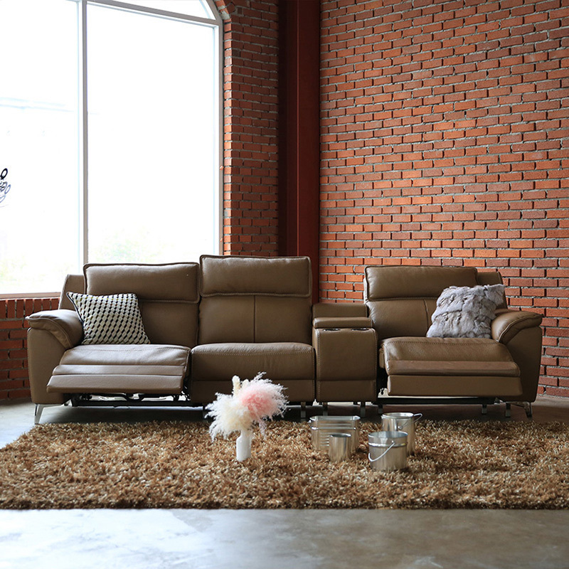 Electric multi-functional retractable sofa, cowhide sofa living room furniture in line combination, three seat sofa and middle console