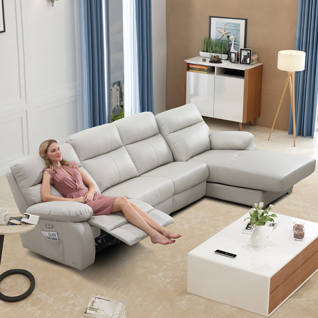 Electric multi-functional retractable sofa, cowhide sofa living room furniture in line combination, three seat sofa and chaise