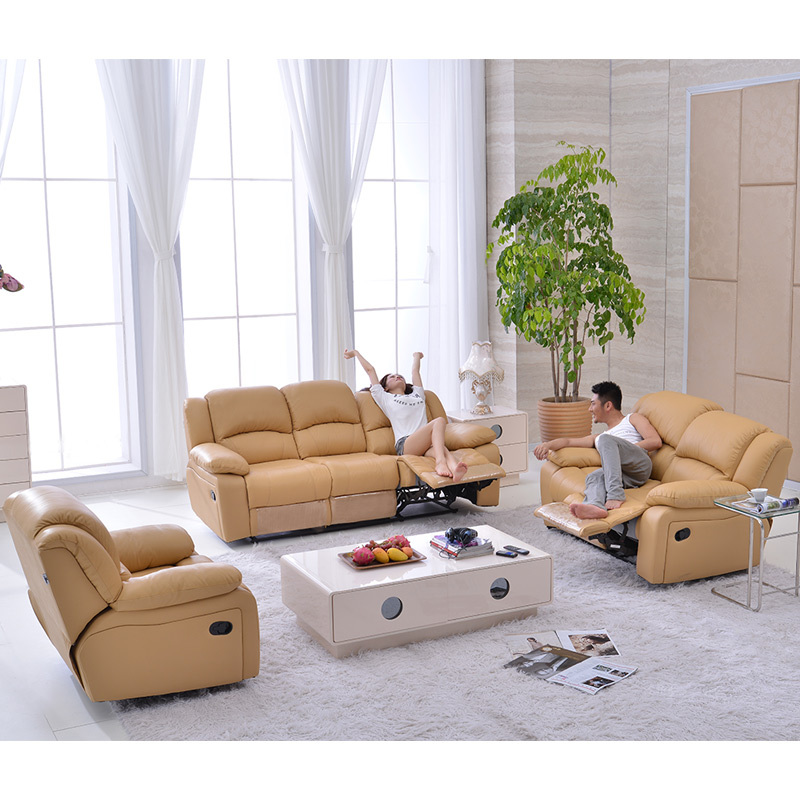 Electric multi-functional retractable sofa, cowhide sofa living room furniture in line combination, three seat sofa and two seat sofa  and single seat sofa