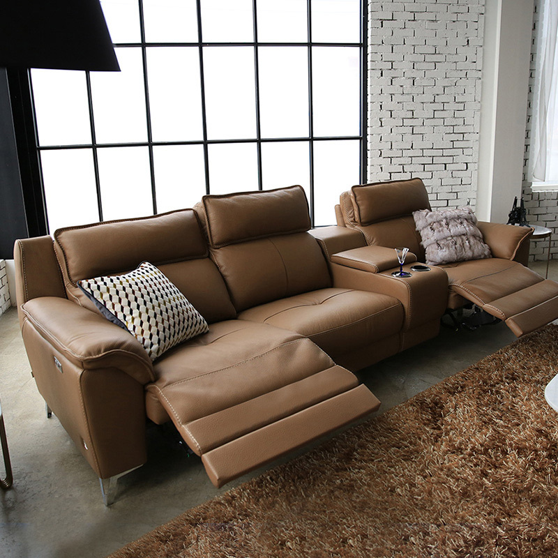 Electric multi-functional retractable sofa, cowhide sofa living room furniture in line combination, three seat sofa and middle console