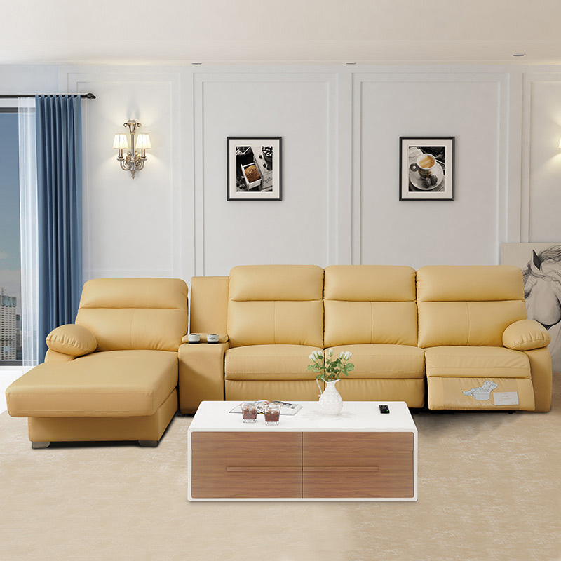 Electric multi-functional retractable sofa, cowhide sofa living room furniture in line combination, three seat sofa and chaise and middle console