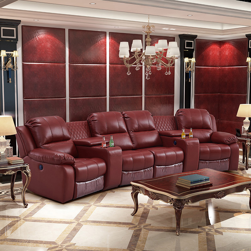 Contact surface cowhide four-seat and 2 middle console arc design video room private cinema sofa luxury, all-electric stretching function