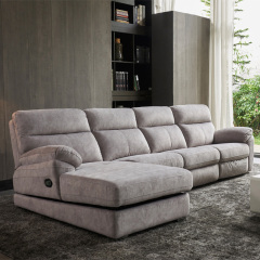 Electric multi-functional retractable sofa, leathaire fabrics sofa living room furniture in line combination, three seat sofa and chaise