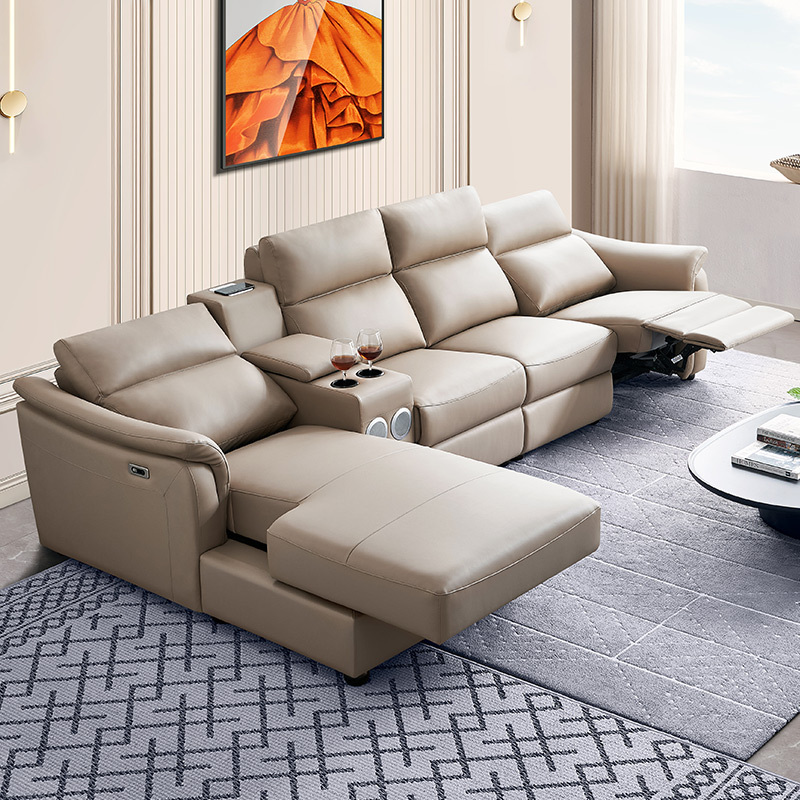 Electric multi-functional retractable sofa, cowhide sofa living room furniture in line combination, three seat sofa and chaise and middle console