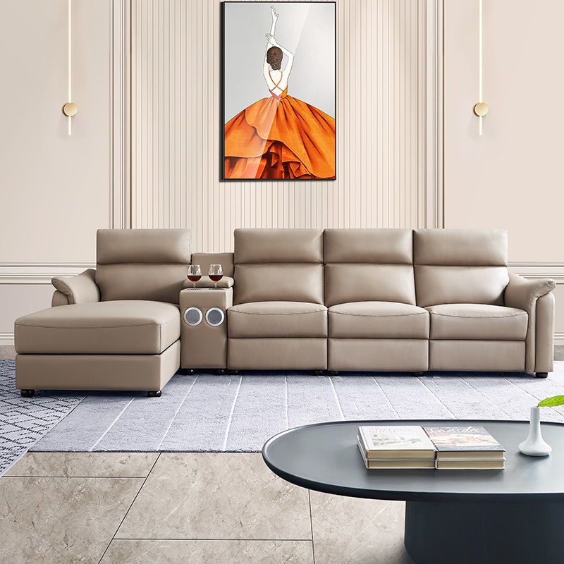 Electric multi-functional retractable sofa, cowhide sofa living room furniture in line combination, three seat sofa and chaise and middle console