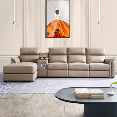 Electric multi-functional retractable sofa, cowhide sofa living room furniture in line combination, three seat sofa and chaise and middle console