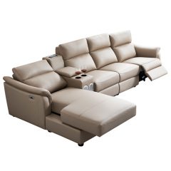 Electric multi-functional retractable sofa, cowhide sofa living room furniture in line combination, three seat sofa and chaise and middle console