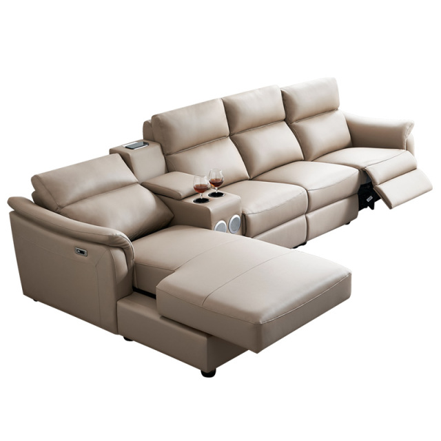 Electric multi-functional retractable sofa, cowhide sofa living room furniture in line combination, three seat sofa and chaise and middle console