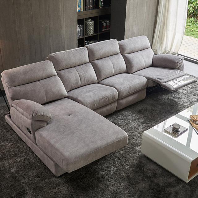Electric multi-functional retractable sofa, leathaire fabrics sofa living room furniture in line combination, three seat sofa and chaise
