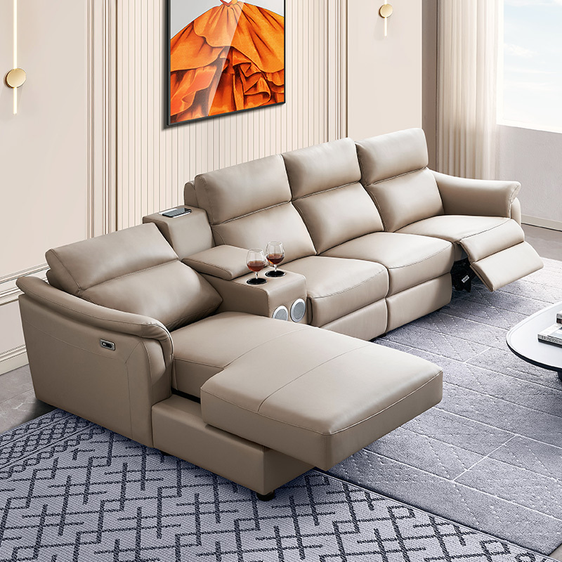Electric multi-functional retractable sofa, cowhide sofa living room furniture in line combination, three seat sofa and chaise and middle console
