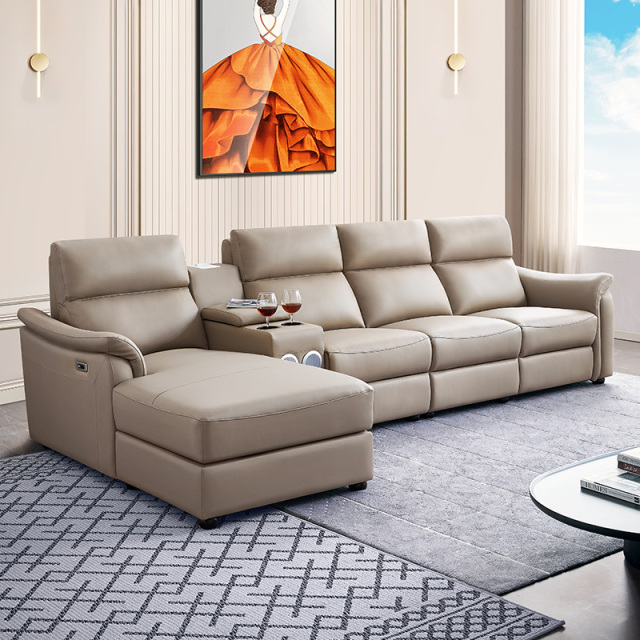 Electric multi-functional retractable sofa, cowhide sofa living room furniture in line combination, three seat sofa and chaise and middle console