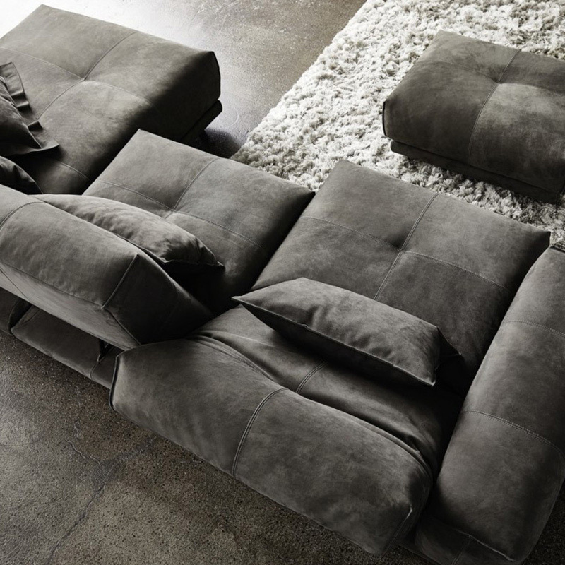 Electric multi-functional retractable sofa,leathaire fabrics sofa living room furniture in line combination, two seat sofa and chaise and Square stool