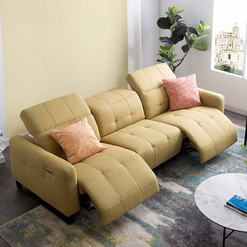 Electric multi-functional retractable sofa, cowhide sofa living room furniture in line combination, three seat sofa