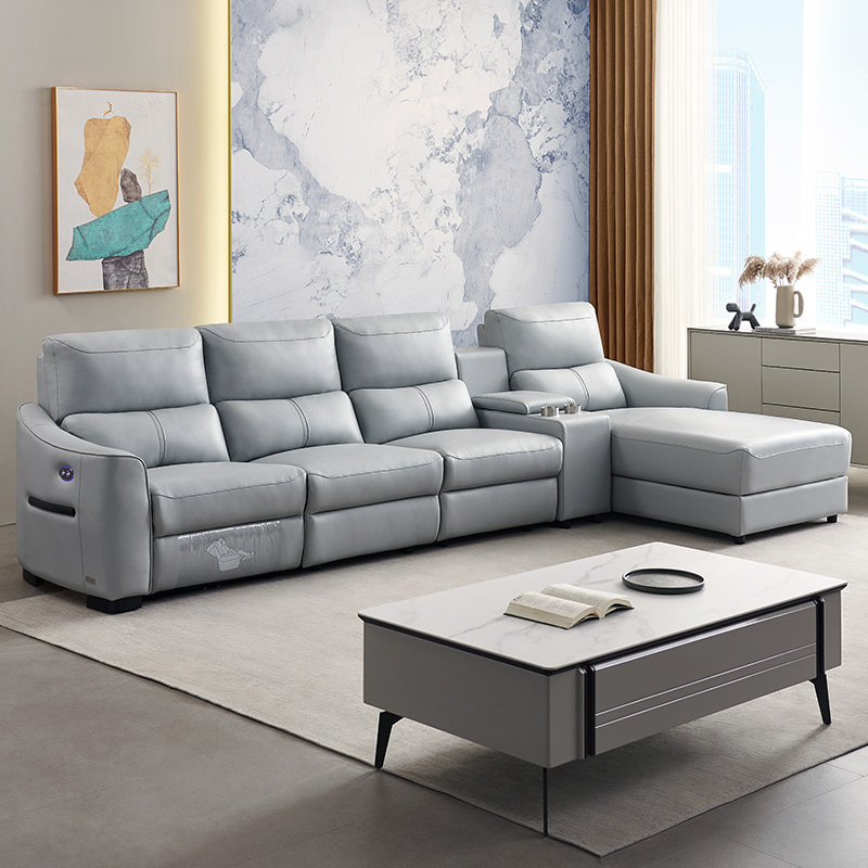 Electric multi-functional retractable sofa, cowhide sofa living room furniture in line combination, three seat sofa and chaise and middle console