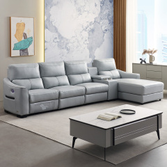 Electric multi-functional retractable sofa, cowhide sofa living room furniture in line combination, three seat sofa and chaise and middle console