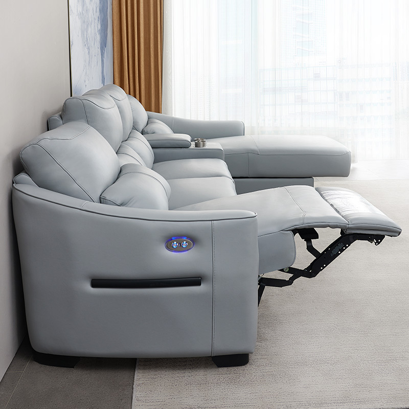 Electric multi-functional retractable sofa, cowhide sofa living room furniture in line combination, three seat sofa and chaise and middle console