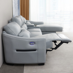 Electric multi-functional retractable sofa, cowhide sofa living room furniture in line combination, three seat sofa and chaise and middle console