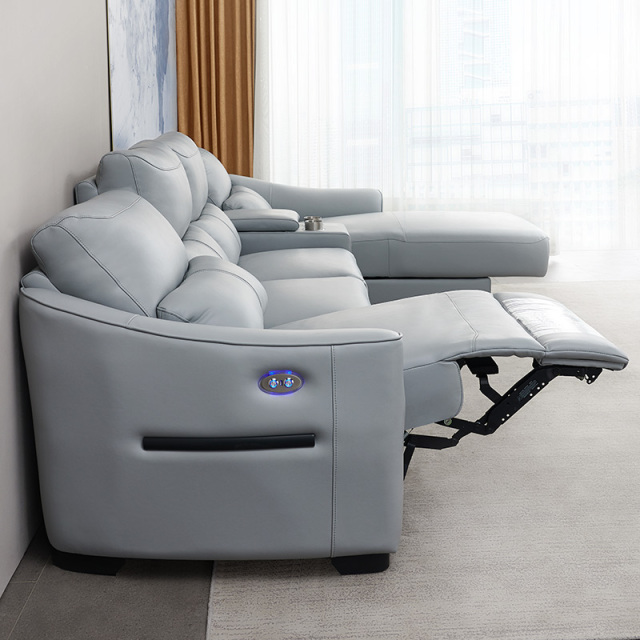 Electric multi-functional retractable sofa, cowhide sofa living room furniture in line combination, three seat sofa and chaise and middle console